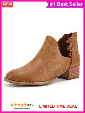 Faux Leather Ruffled Ankle Boots Pointed Toe Chunky Low Heel Western